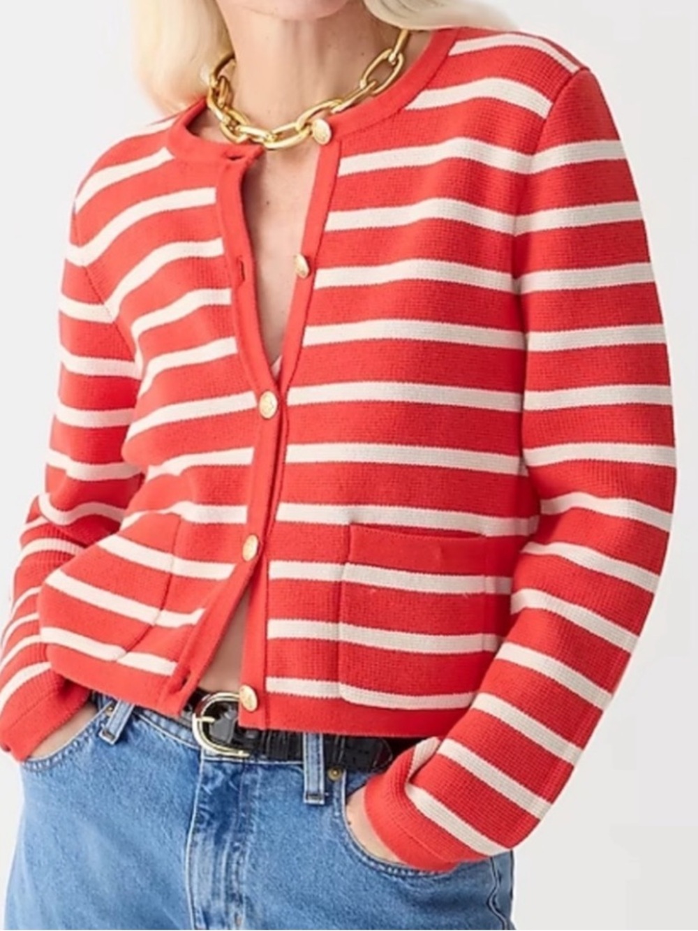 J. Crew Red and White Striped Button-Up Cardigan